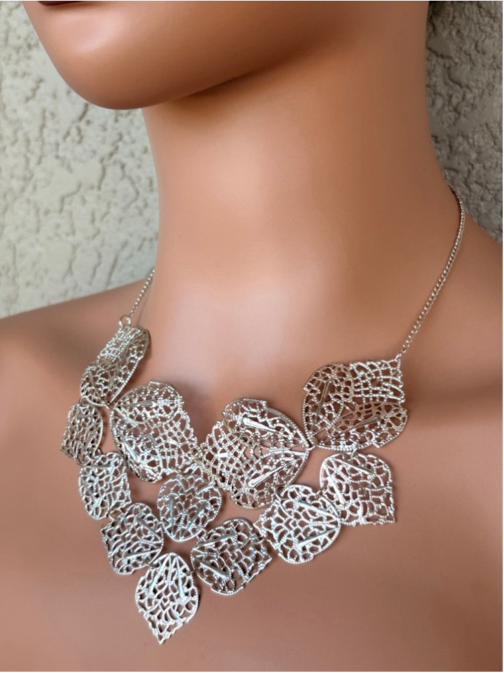 Lightweight Silver Filigree Leaf Statement Necklace